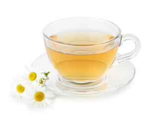 Aromatic tea in glass cup and chamomile flowers isolated on white