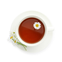 Aromatic tea in cup and chamomile flowers isolated on white, top view