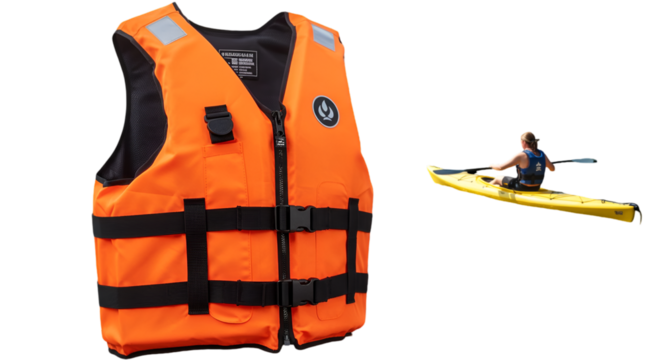 Isolated Illustration Of Orange Life Vest And Kayak On Water Safety Adventure