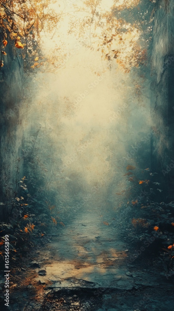 Poster walking path in forest with mist and sunlight filtering through leaves