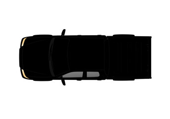 Aerial view of a black pickup truck with extended bed on a white background space