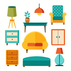 A colorful collection of nine various pieces of furniture including sofas lamps tables cabinets and an ottoman all rendered in a flat cartoon style on