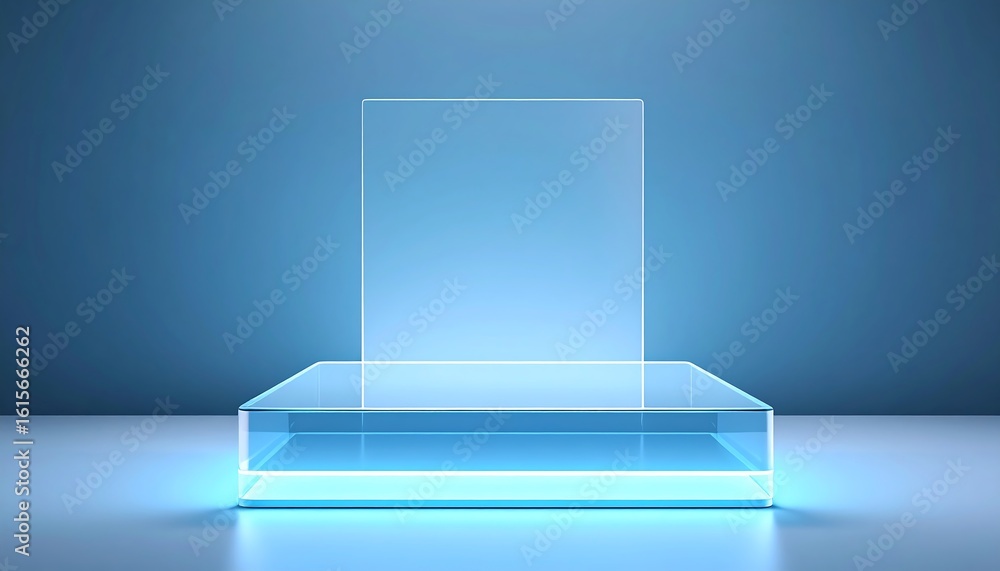 Poster illuminated glass stage with futuristic background displaying technological innovation and modern de