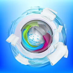 White washed t-shirt and clothes around washing machine drum. Vector illustration