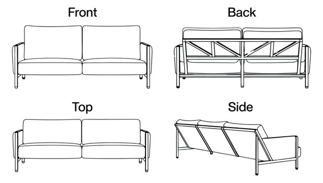 Vector art of technical drawing of a modern sofa from front, back, top, and side views