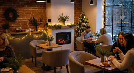 Cozy Cafe Interior with People Enjoying Drinks and Christmas Decorations