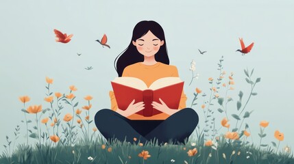 Woman reading in a field of flowers