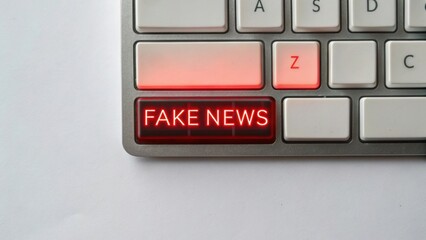 A keyboard with a glowing red key labeled "FAKE NEWS" symbolizes misinformation and the spread of false information online.