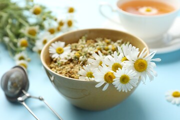 Chamomile flowers in bowl on light blue background, closeup