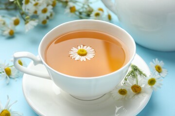 Tasty chamomile tea and flowers on light blue background, closeup