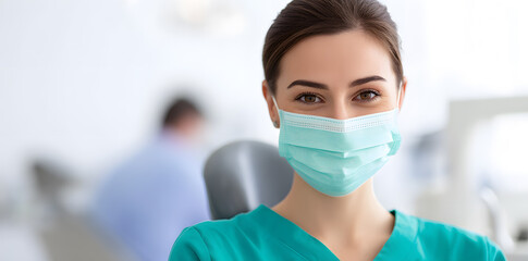 Young dentist in surgical mask and uniform in clinical setting. Professional visual for healthcare, dental care, or medical service concepts.