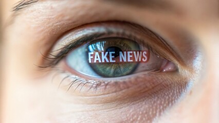 Close-up of a human eye reflecting the words "FAKE NEWS," symbolizing misinformation and media influence on perception.