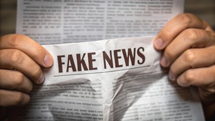 Hands tearing a newspaper strip with the bold text "FAKE NEWS" highlighted in the center.