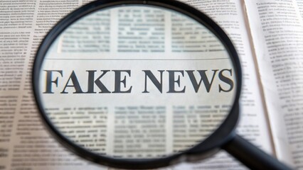 The image shows a magnifying glass focusing on the phrase "FAKE NEWS" printed in bold letters on a newspaper page.