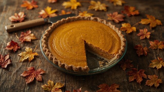 A pumpkin pie with a slice missing on a wooden table surrounded by colorful autumn leaves decoration - Powered by Adobe