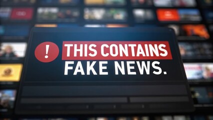 A digital warning message displays "This contains fake news" against a blurred background of multiple news images.