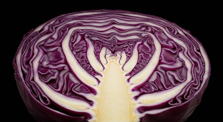Obraz premium Cross section of vibrant purple cabbage, detail and texture revealed.