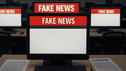 Multiple computer screens in an office display "FAKE NEWS" in bold red and white text, emphasizing misinformation in digital media.