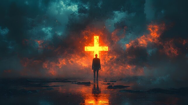 Believer standing before a glowing cross in a mystical serene encounter
