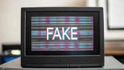 A retro television screen displays the word "FAKE" with colorful glitch effects and horizontal static lines in a blurred indoor setting.