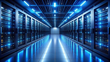 Fototapeta premium Massive Data Center Hallway Illuminated by Blue Lights Showcasing Rows of Server Racks