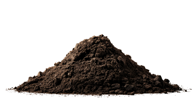 Dark soil pile isolated on black background earthy tones rich texture gardening agriculture