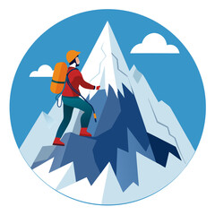 Fototapeta premium Illustrated Mountain Climber Ascending a Snowy Peak Wearing Gear and Backpack Set Against a Blue Sky with Clouds Encapsulated in a Circular Design for Adventure