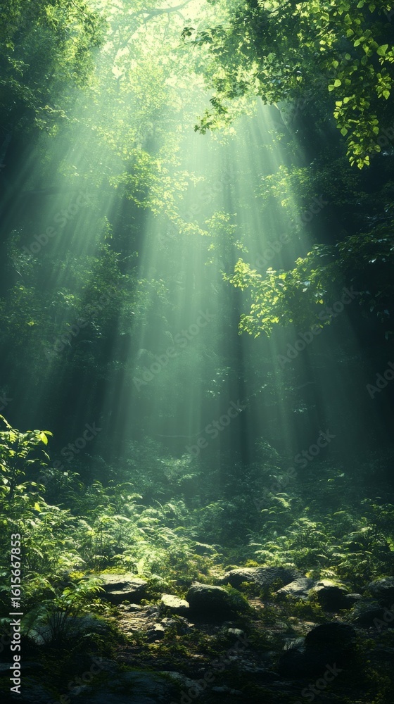 Poster sun rays shining through forest canopy creating ethereal light
