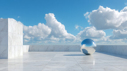 A chromatic disco ball on a fantasy marble 3d like environment with blue sky and fluffy clouds