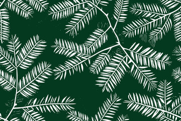 Evergreen Leaf Block Print Pattern – Seamless White Botanical Silhouettes on Deep Forest Green Background