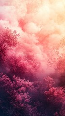 Dreamy Pink Forest Landscape with Fog and Cloudy Sky
