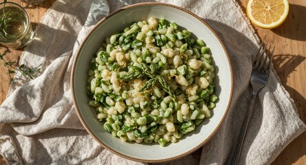 Close up of a bowl of green and white beans with asparagus on a wooden table with a lemon and a fork