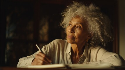 Elderly woman with curly gray hair is writing in a notebook, reflecting thoughtfully in a warm, softly lit environment, showcasing creativity and introspection