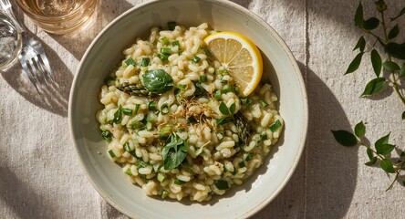 A bowl of risotto with asparagus, lemon, and herbs served with a glass of white wine on a table
