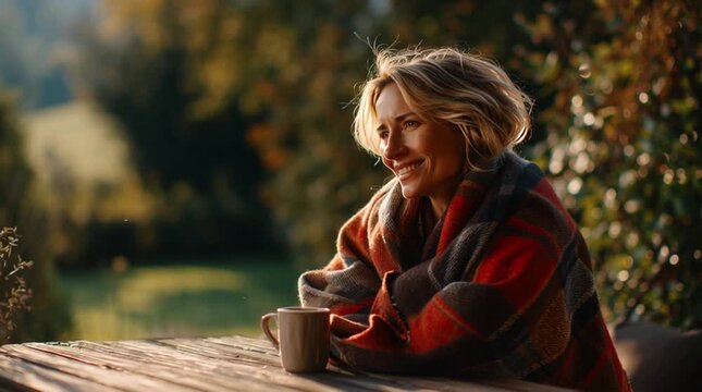 A young Caucasian woman with short blonde hair sits at a wooden table, wrapped in a red and gray plaid blanket, enjoying a warm drink in a serene autumn landscape.