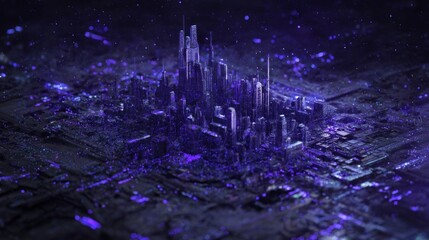 Obraz premium Futuristic cityscape illustration featuring towering skyscrapers and intricate details, illuminated by vibrant purple hues, showcasing a digital metropolis in a cosmic environment