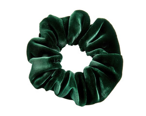 Elegant green velvet scrunchie on transparent background for fashion and hair accessories