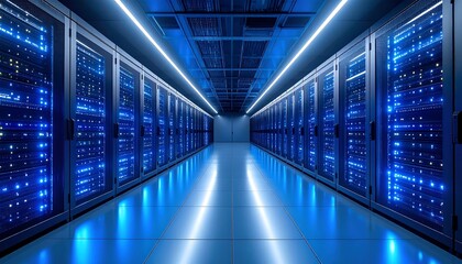Vast futuristic data center server room illuminated by brilliant blue neon lights and reflective surfaces