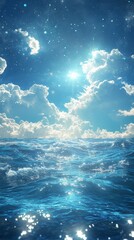 Ocean Waves Sparkling Under Starry Sky and Bright Sun