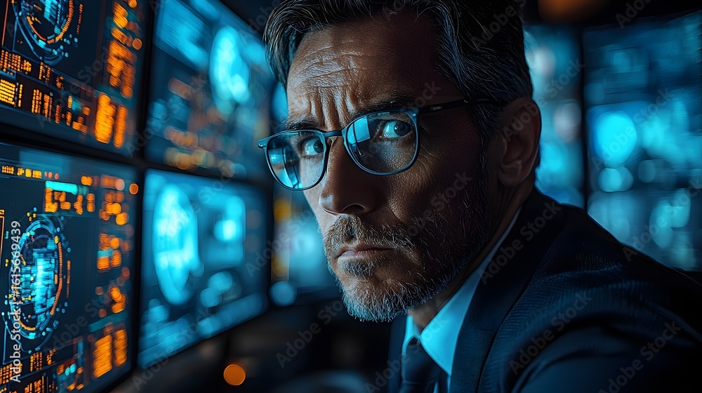 Poster fraud investigator analyzing data on multiple monitors for vigilant surveillance and detection