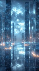 Abstract Cityscape Reflecting Cloudy Sky and Subtle Illumination
