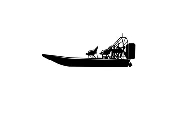 Silhouette illustration of a black airboat with seats and a propeller on white