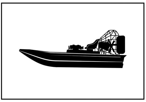 A black silhouette of an airboat with a propeller on a white background image view
