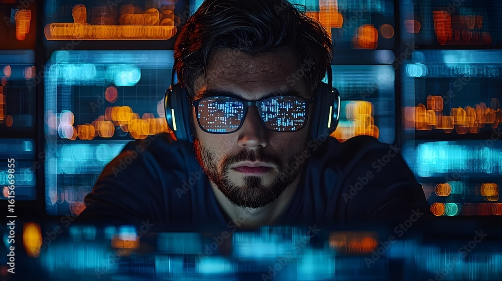 Aufkleber analyst monitoring fraud detection dashboard in a vibrant urban setting