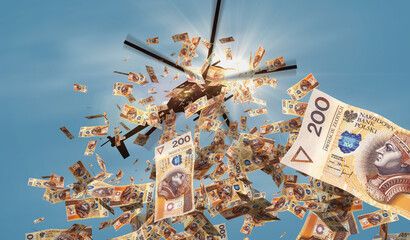 Poland 200 zloty PLN 10000 banknotes helicopter money dropping 3d illustration