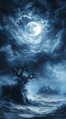 Full Moon Over Ocean Waves with Tree Silhouette at Night