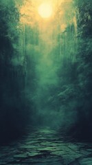 Mystical Pathway in Foggy Forest with Light Shining Through