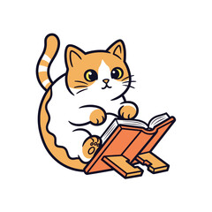 Adorable Cartoon Cat Curled on Donut Cushion Reading Book Illustration
