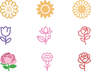 Charming collection of flower icons, including sunflowers, tulips, lotus flowers, roses, and carnations, representing beauty, nature, and floral diversity.