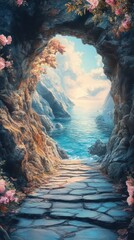 Walking Stone Path to Ocean View Through Cliff Opening with Flowers